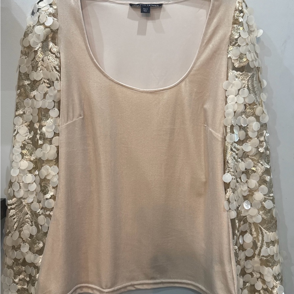 Boston Proper Tan Embellished Long Sleeve Blouse